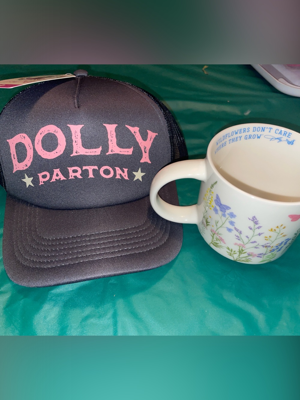 Dolly Parton Black and Pink Trucker Hat & wildflower mug